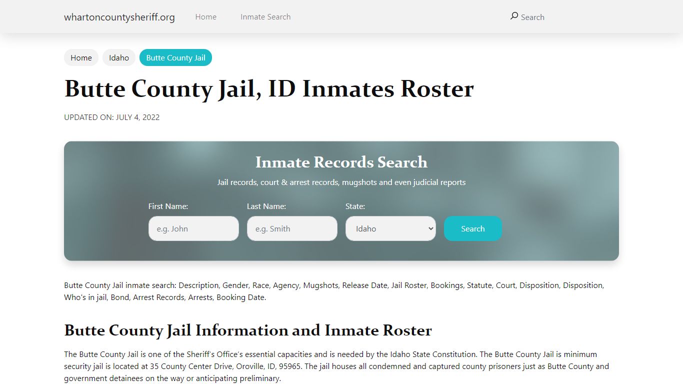 Butte County Jail, ID Jail Roster, Name Search